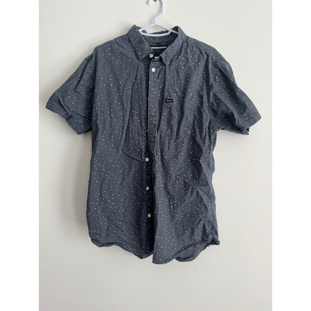 RVCA Mens Slim Fit Short Sleeve Button Up Shirt‎ Grey Geometric Triangle Print L